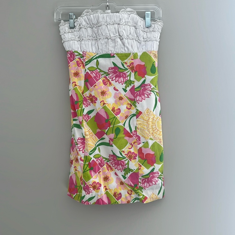 Lilly Pulitzer Patchwork Franco Dress with White Strapless Ruffle Top in Size 00